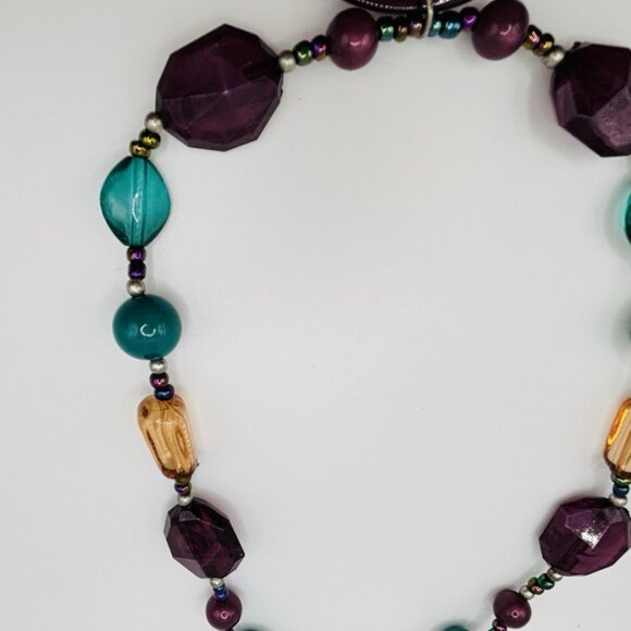 Chunky Necklace Purple Teal Plum Beaded Statement Necklace 18” - Picture 3 of 4